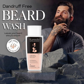 Side-by-side before and after beard photos with KAMEDIS showing reduced visible flakes