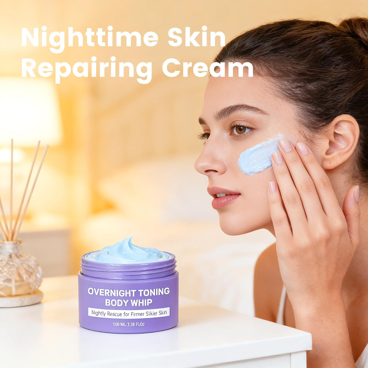 Kaminii jar on bedside table illustrating nighttime body-care routine