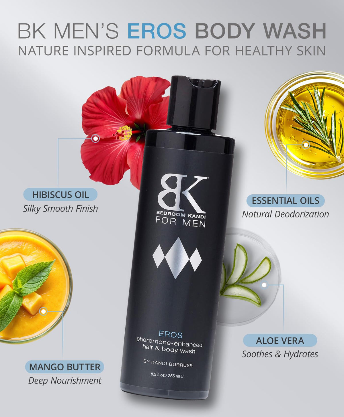 Kandi pump and label detail highlighting ingredients and easy-dispense benefit