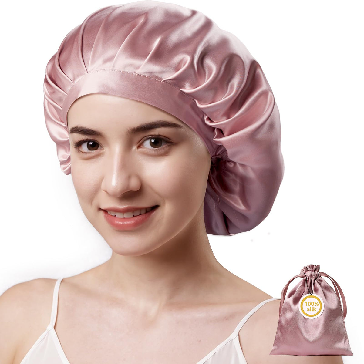 Kaome front view pink bonnet showing smooth silk and neat seams for gentle hair care