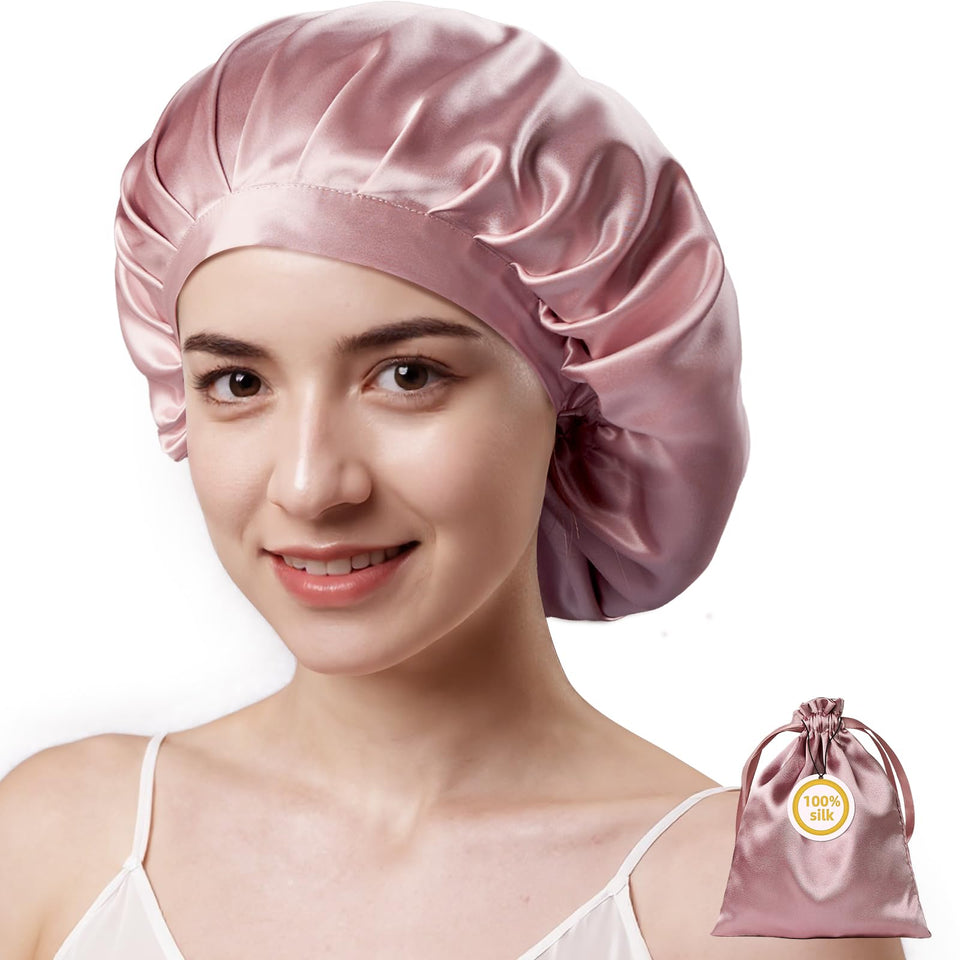 Kaome front view pink bonnet showing smooth silk and neat seams for gentle hair care