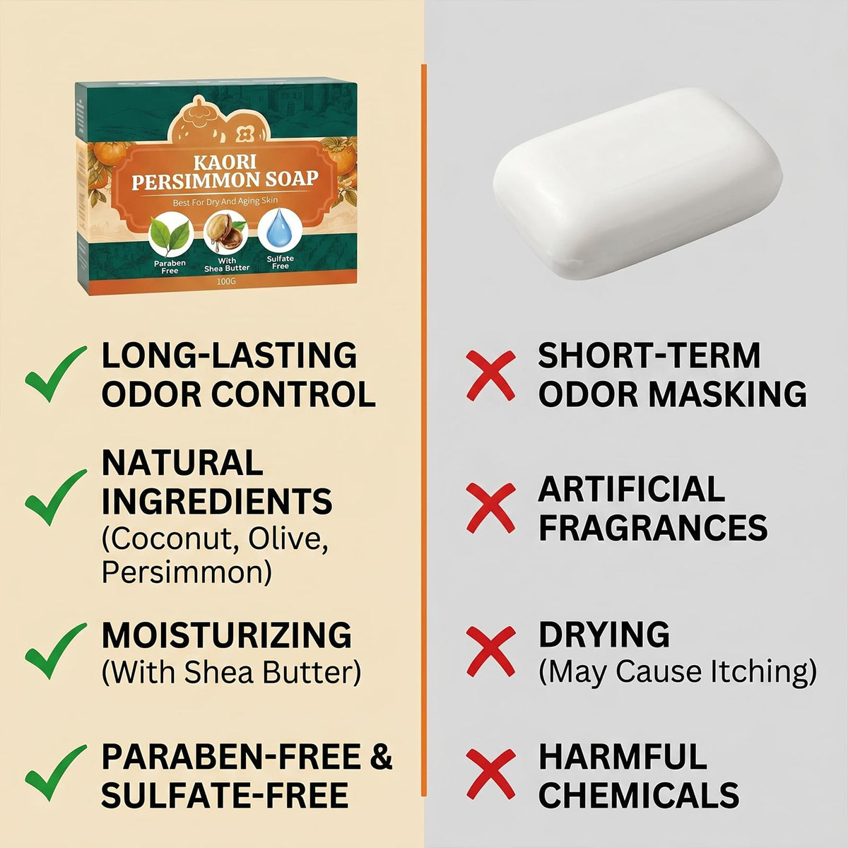 Kaori Persimmon Soap placed on bathroom shelf showing elegant everyday use benefit
