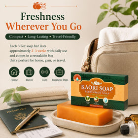 Kaori Soap placed on bathroom shelf in lifestyle scene promoting calming cleansing ritual