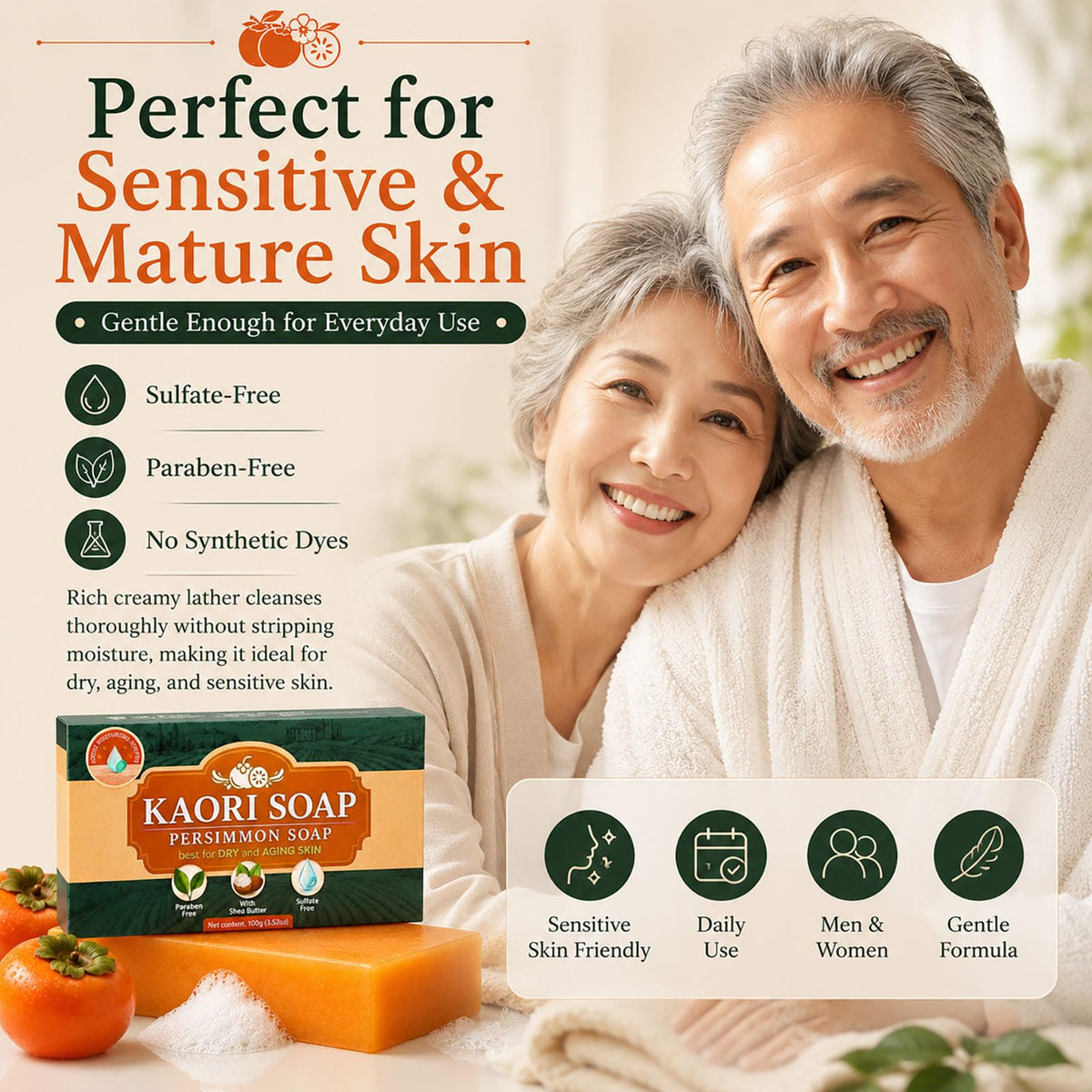 Kaori Soap ingredients label with shea butter and green tea indicating gentle formula
