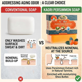 Kaori Soap ingredients display with persimmon, olive oil, coconut oil for hydration