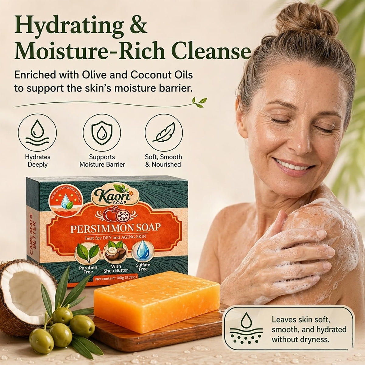 Kaori Soap label close-up showing ingredient highlights and weight