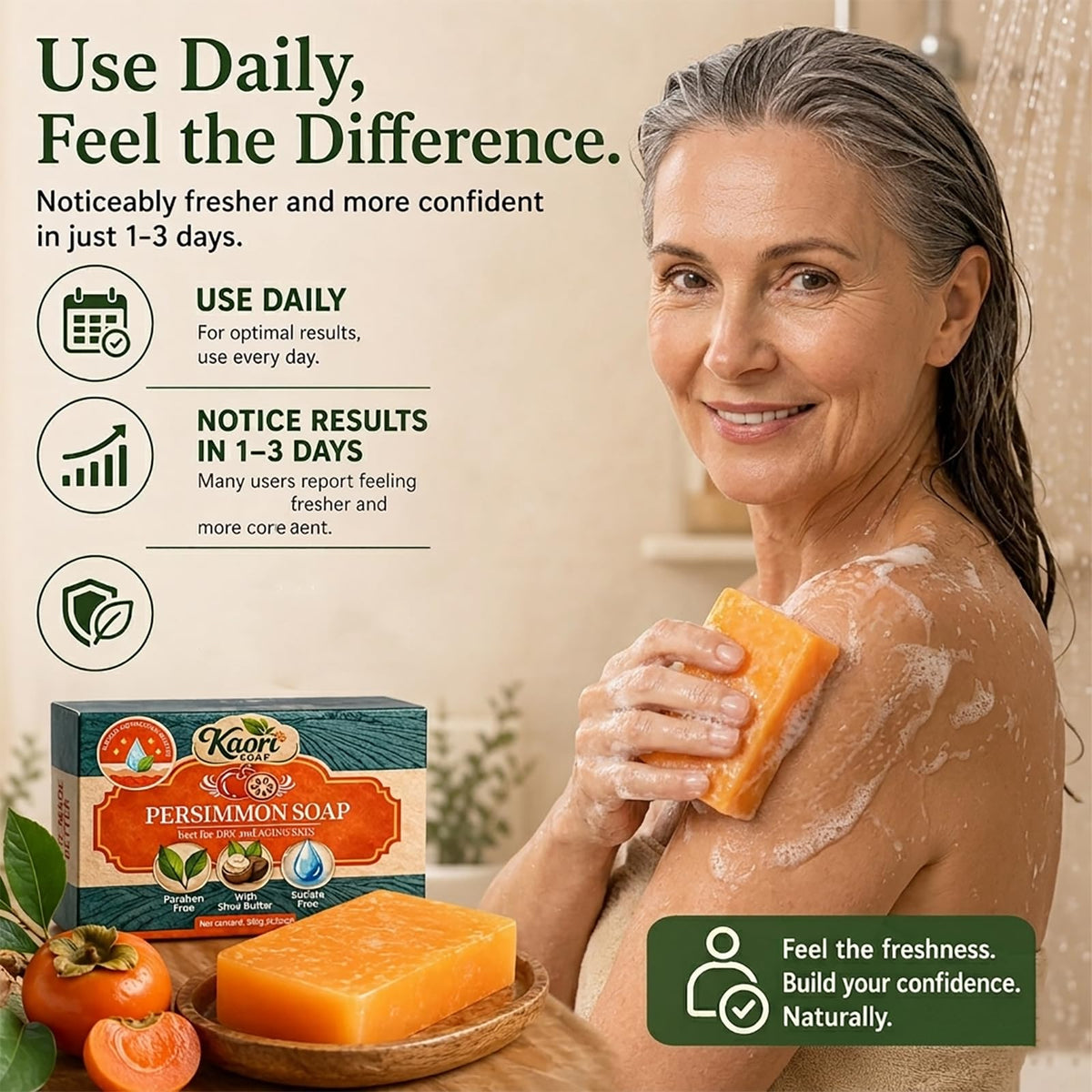 Kaori Soap used on neck and behind ear demonstrating targeted freshness