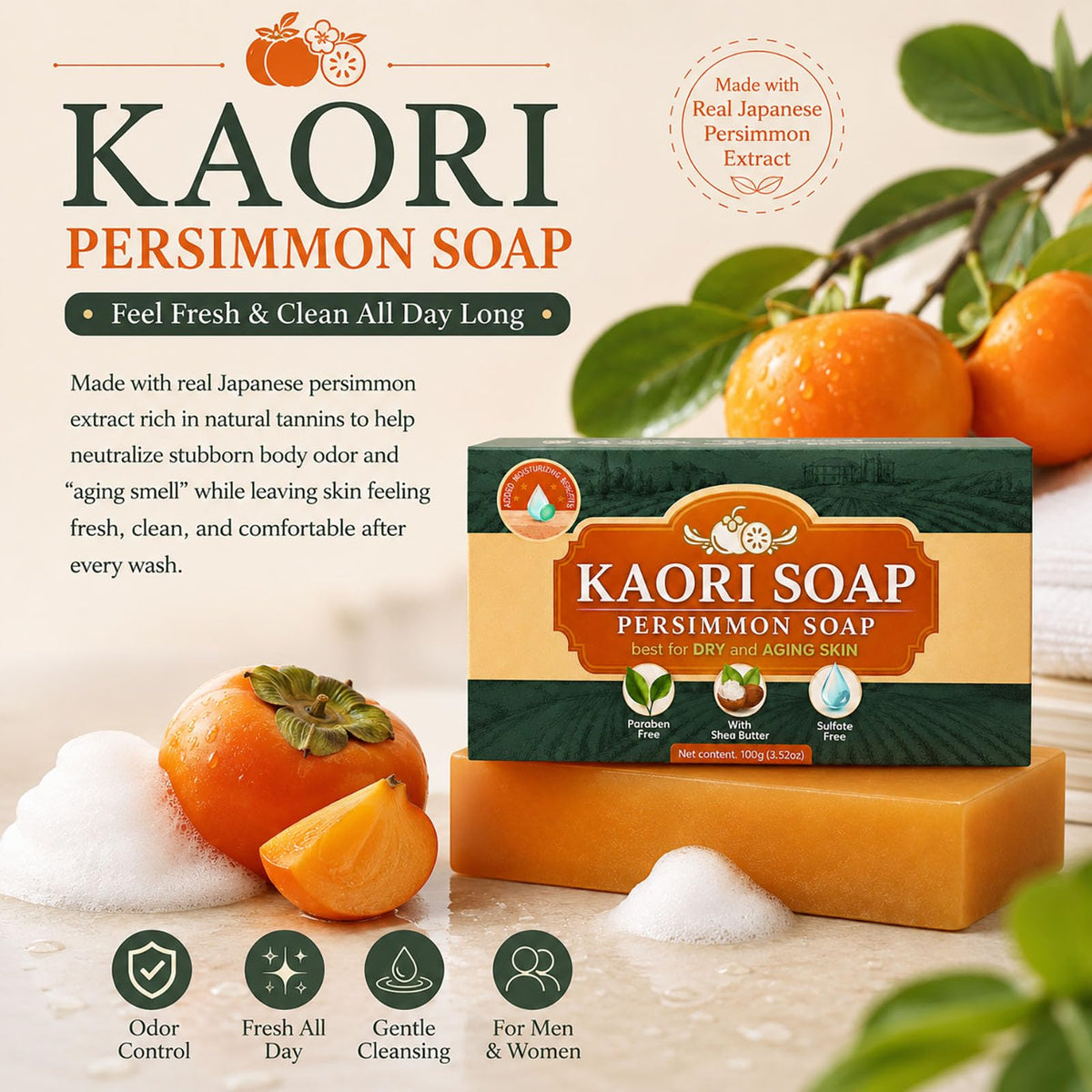 Kaori Soap close-up of persimmon extract droplet highlighting natural deodorizing benefit