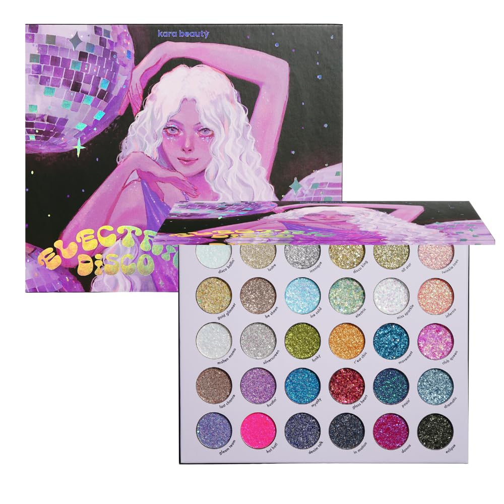 Kara Beauty front-open palette showing 30 glitter shades and vibrant payoff