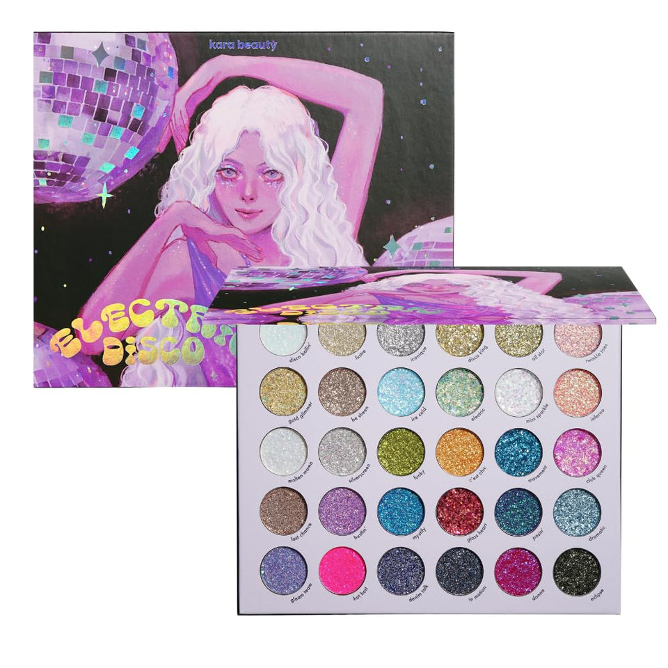 Kara Beauty front-open palette showing 30 glitter shades and vibrant payoff