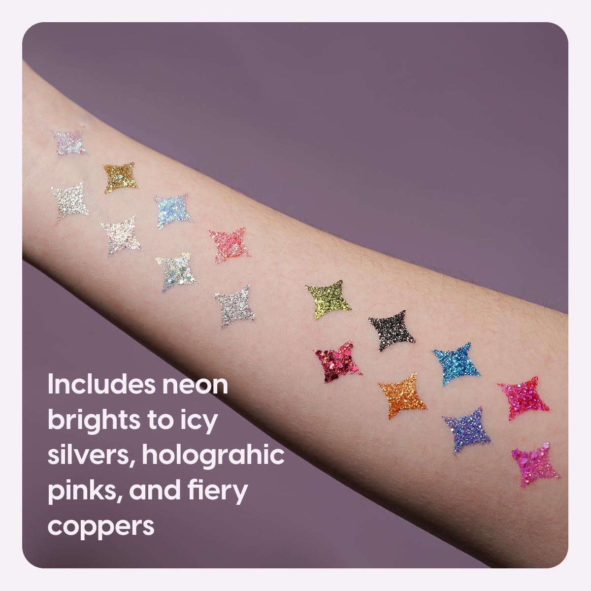 Kara Beauty fingertip swatch demonstrating high-impact self-adhering glitter