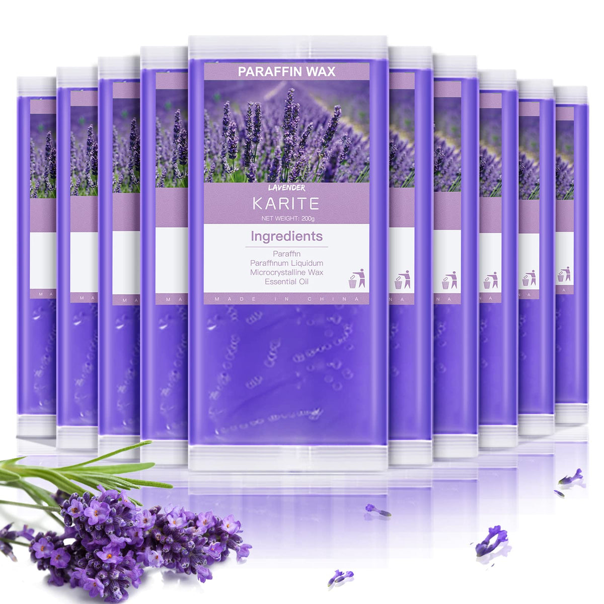 KARITE front packaging showing ten lavender paraffin refill blocks and benefits