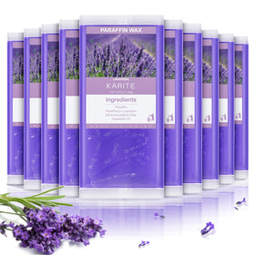 KARITE front packaging showing ten lavender paraffin refill blocks and benefits