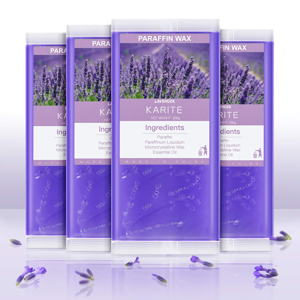 KARITE front view of 4-pack lavender wax showing quantity and benefits