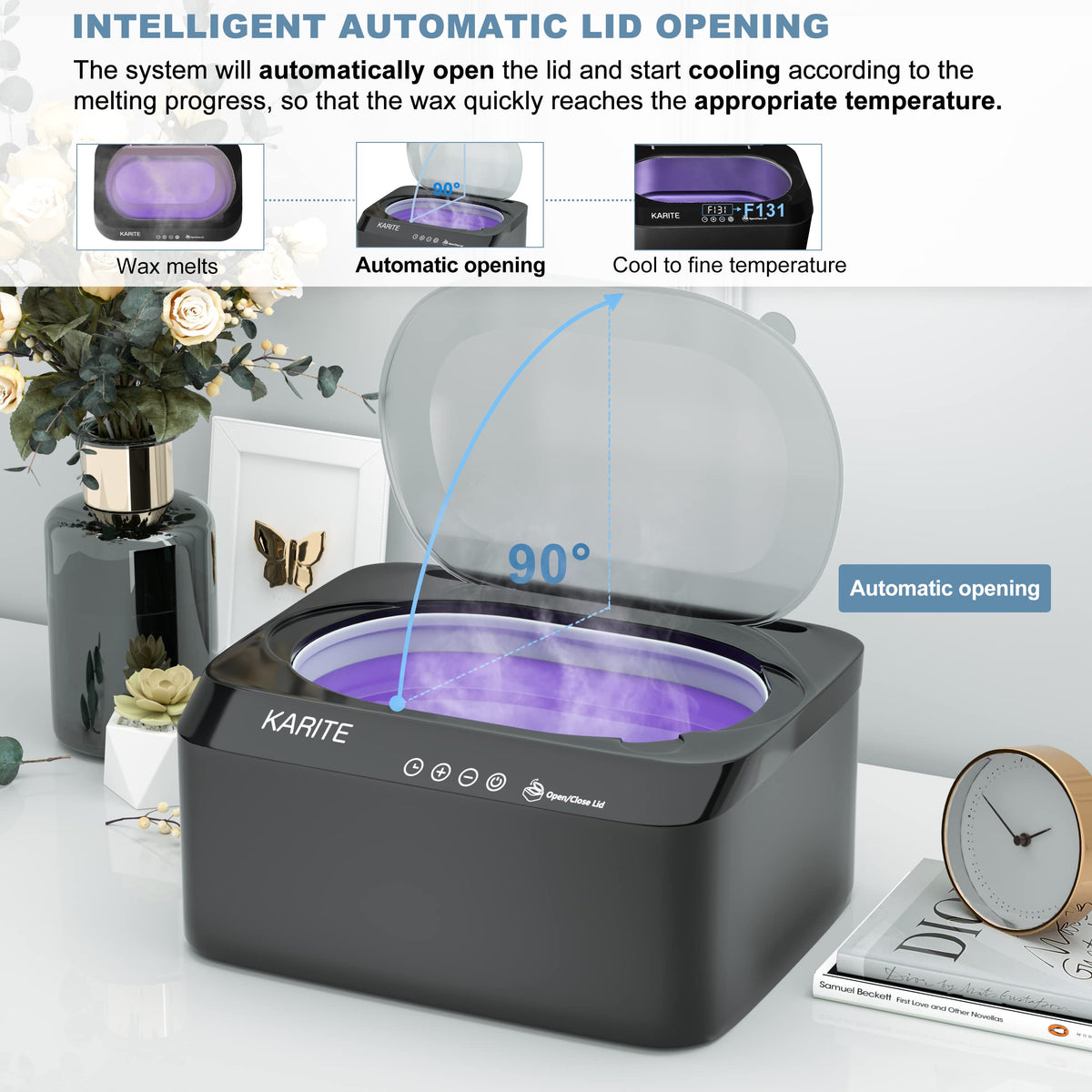 Karite close-up of metal heating pot highlighting quick 20-minute wax melt performance