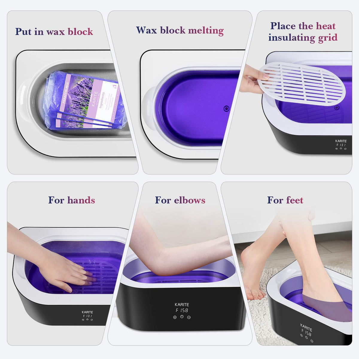 Karite paraffin warmer in a home spa setting showing relaxation and skin-softening benefit
