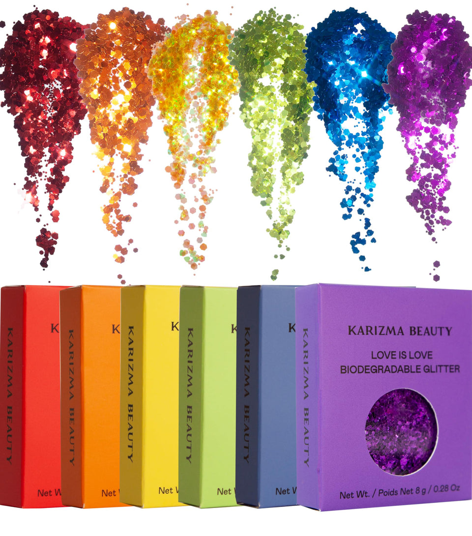 KARIZMA front packaging showing six rainbow glitter jars and branding benefit visible set