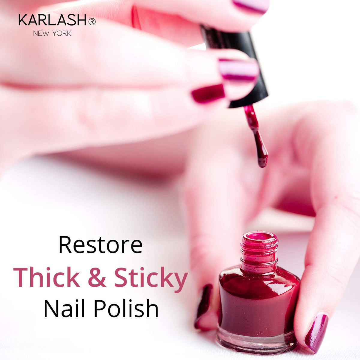 Karlash thinner in use adding drops to a nail polish bottle to restore smoothness