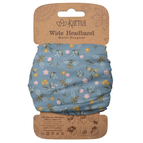 Karma bee headband front view showing light blue pattern and secure fit