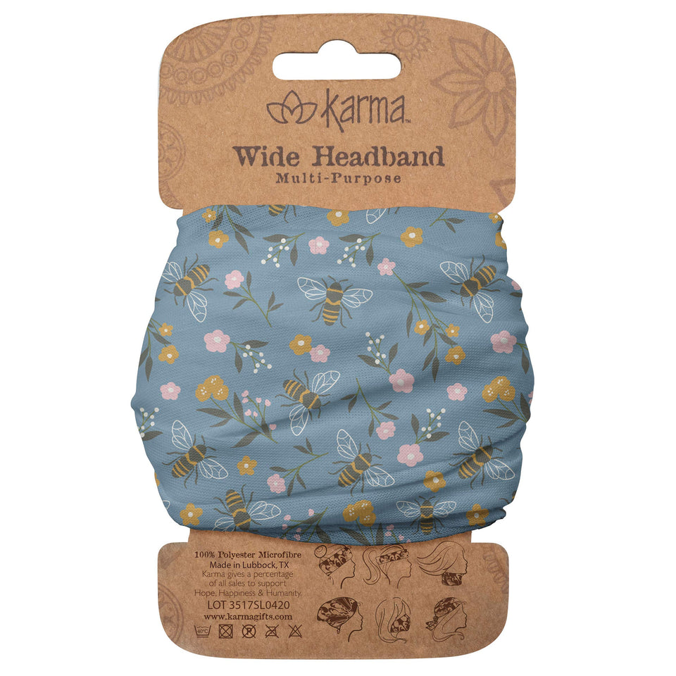 Karma bee headband front view showing light blue pattern and secure fit