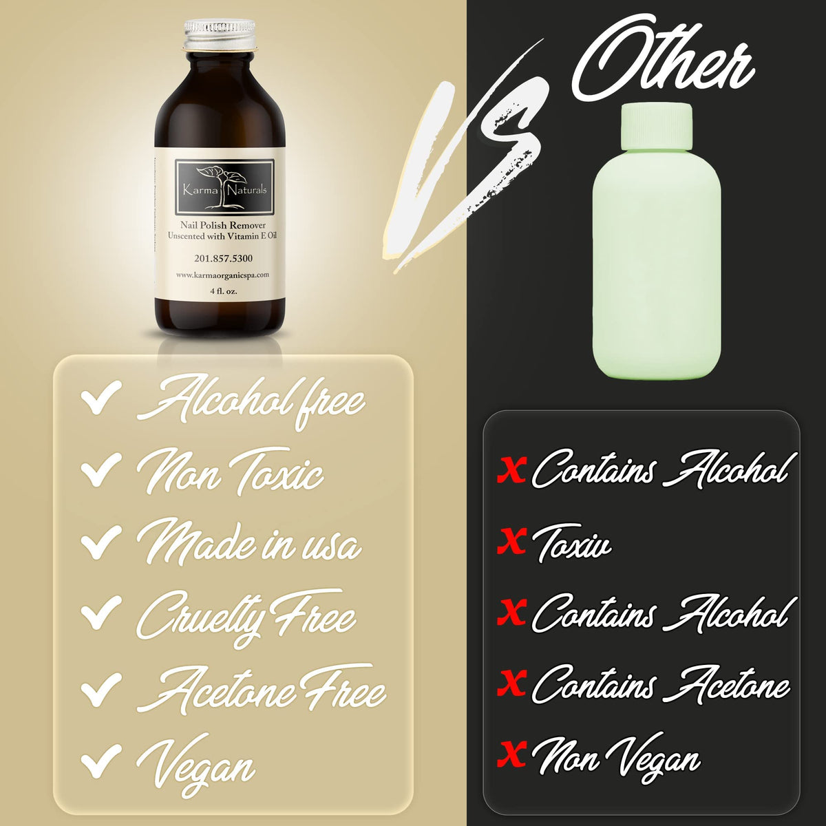 karma organic bottle with cotton pad in use removing polish, demonstrates gentle effective removal