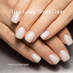 karma organic nail polish held in hand showing bottle scale and travel-friendly size benefit