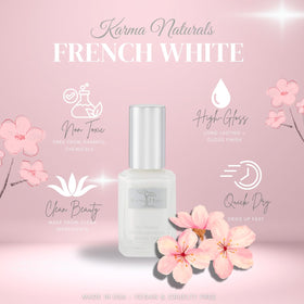 karma organic white polish stroke on nail tip showing opaque coverage and crisp line benefit