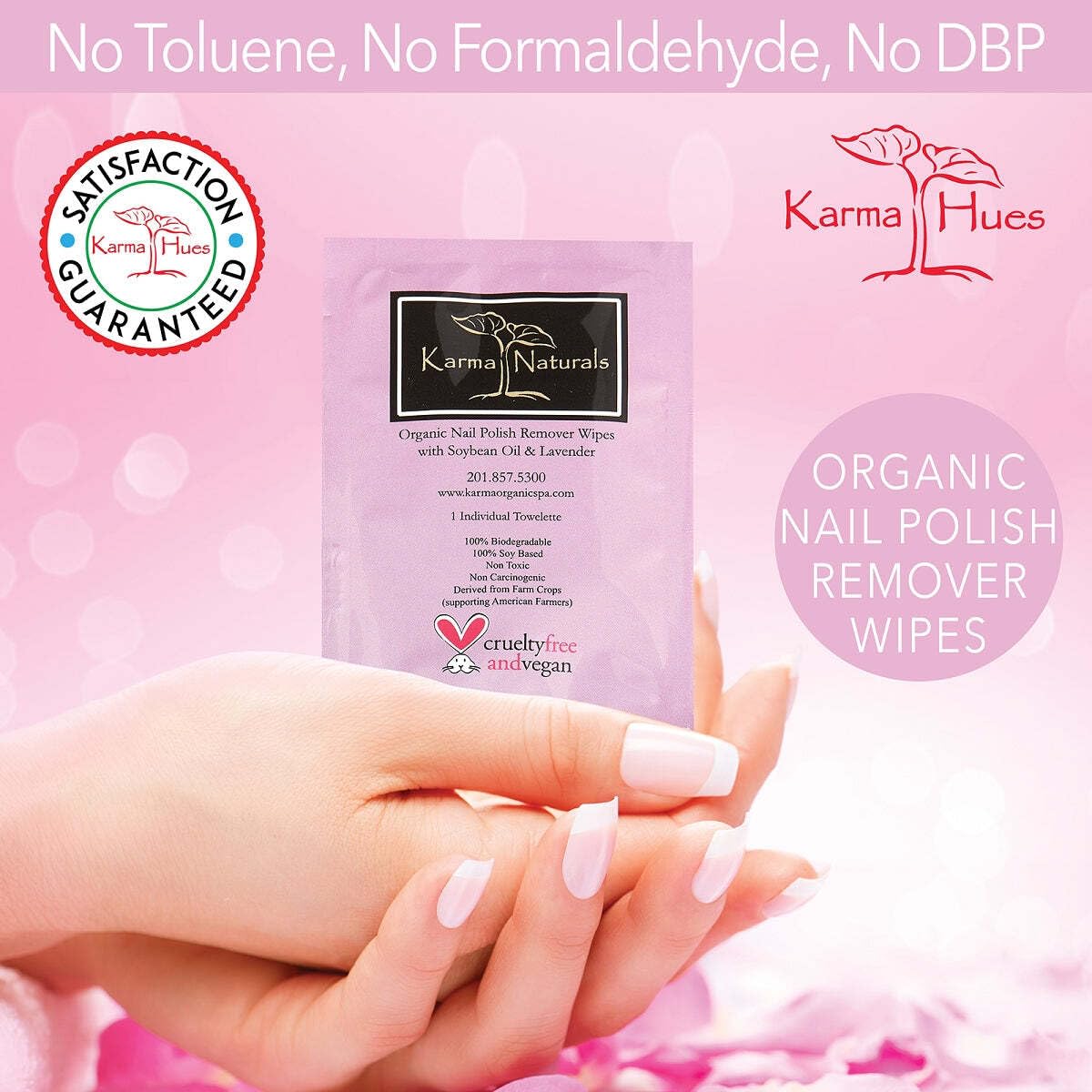 karma organic single wipe being removed from packet for one-step polish removal