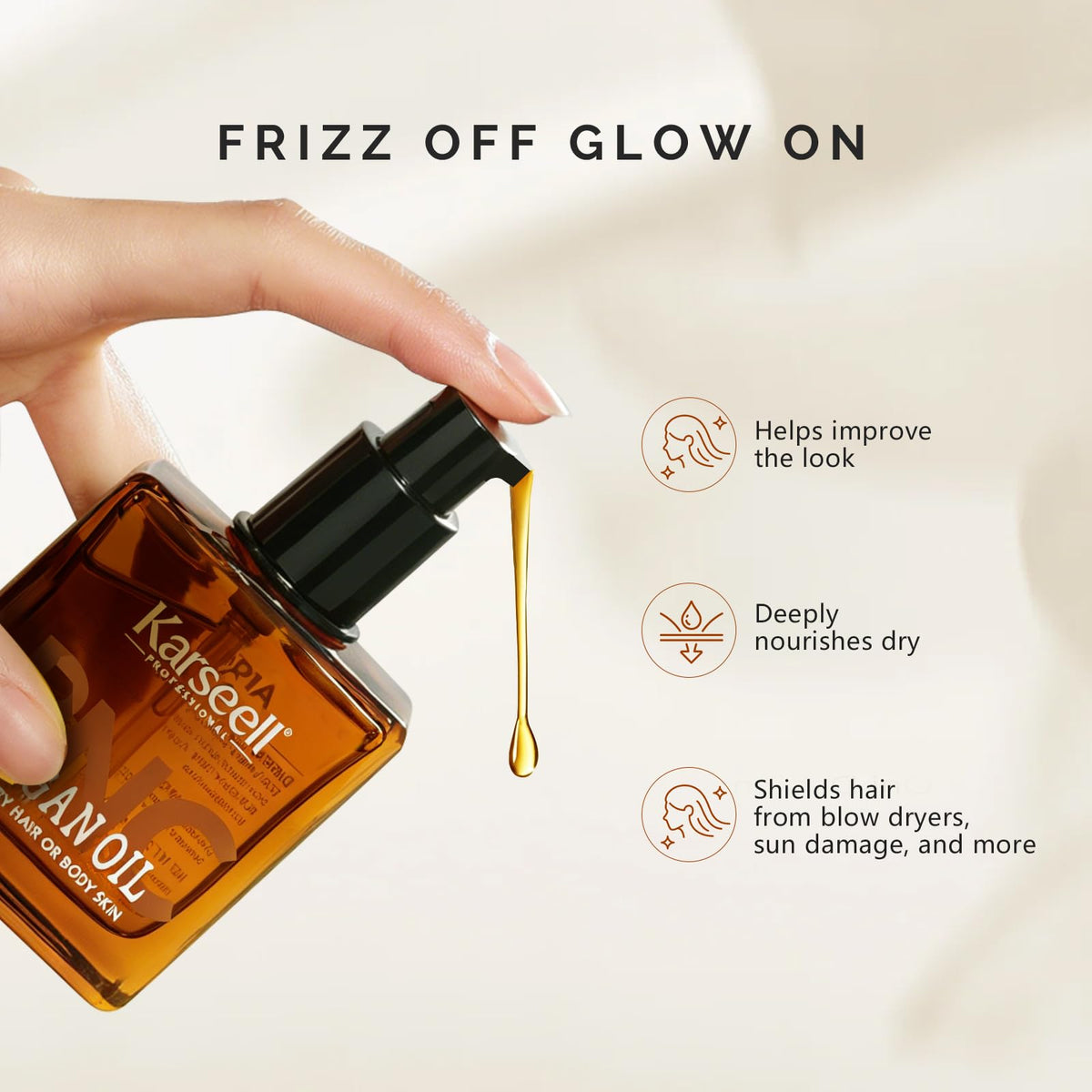 Karseell oil applied to mid-lengths illustrating smoother, shinier hair
