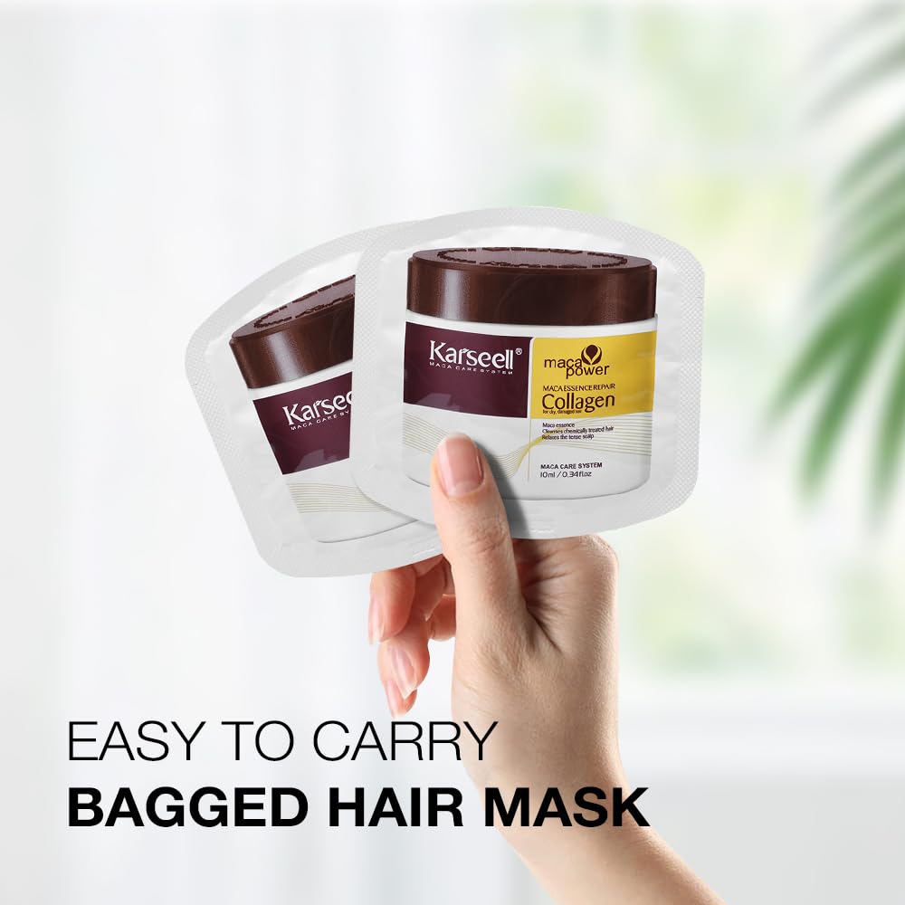 Karseell sachet pictured with travel essentials for on-the-go conditioning