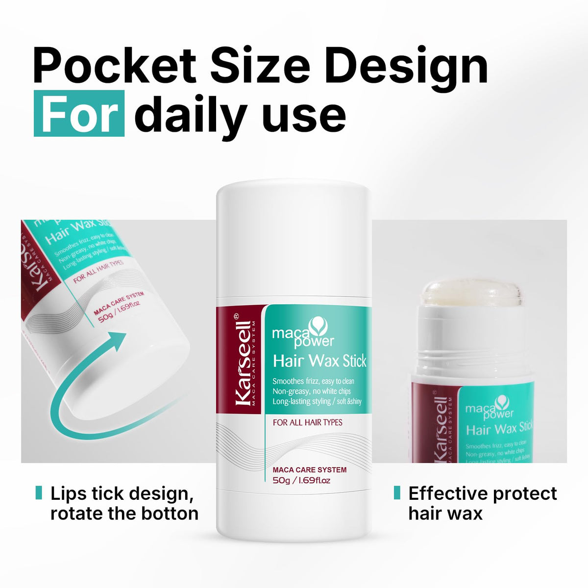 Karseell size comparison in hand showing portable 50g convenience