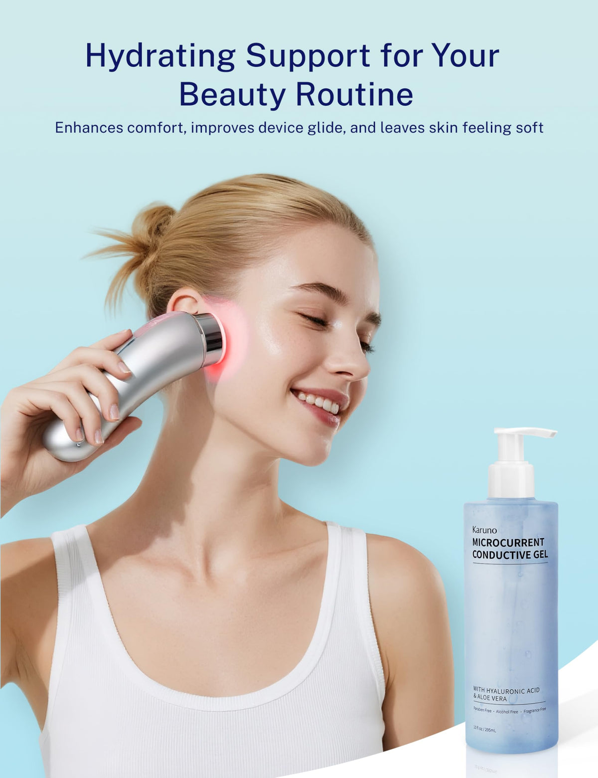 KARUNO gel in use with microcurrent device on face improving conductivity benefit