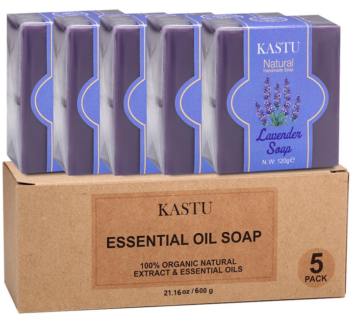kastu front packaging showing five lavender soap bars and benefits