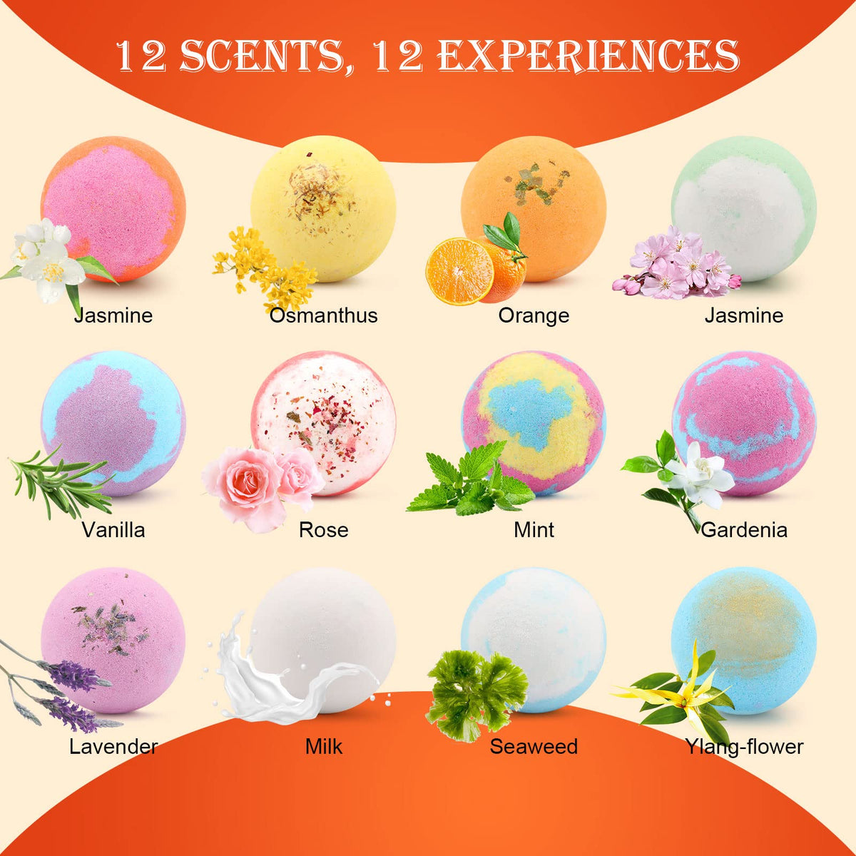 kastu individual bath bombs arranged to display twelve different aroma options