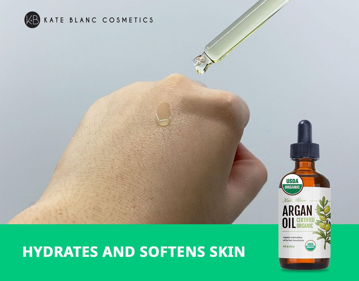 Kate Blanc Cosmetics applied to hair ends demonstrating frizz control and shine