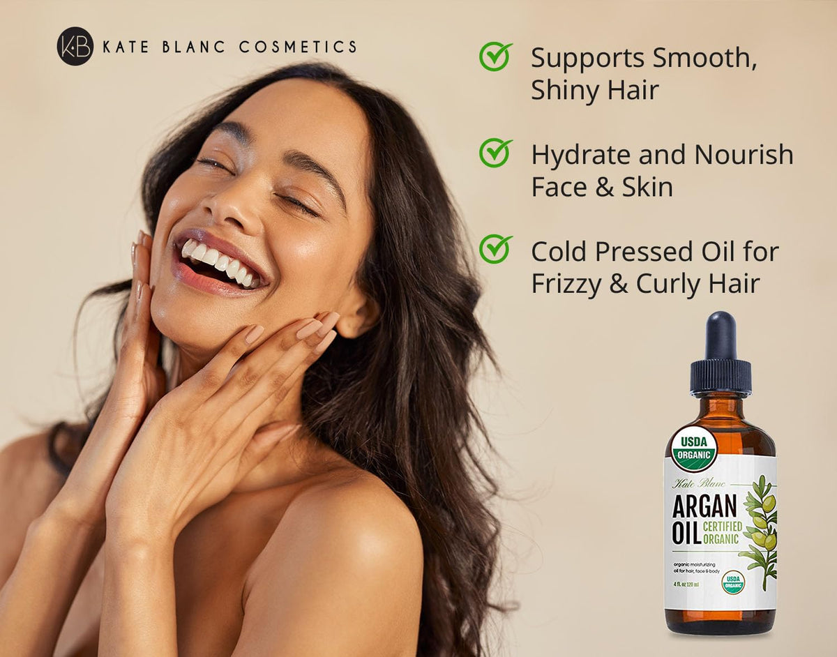 Kate Blanc Cosmetics pouring argan oil drop illustrating easy dosing and control