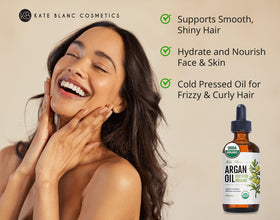 Kate Blanc Cosmetics pouring argan oil drop illustrating easy dosing and control