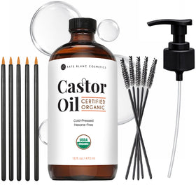 Kate Blanc Cosmetics castor oil front bottle shows organic glass packaging and purity