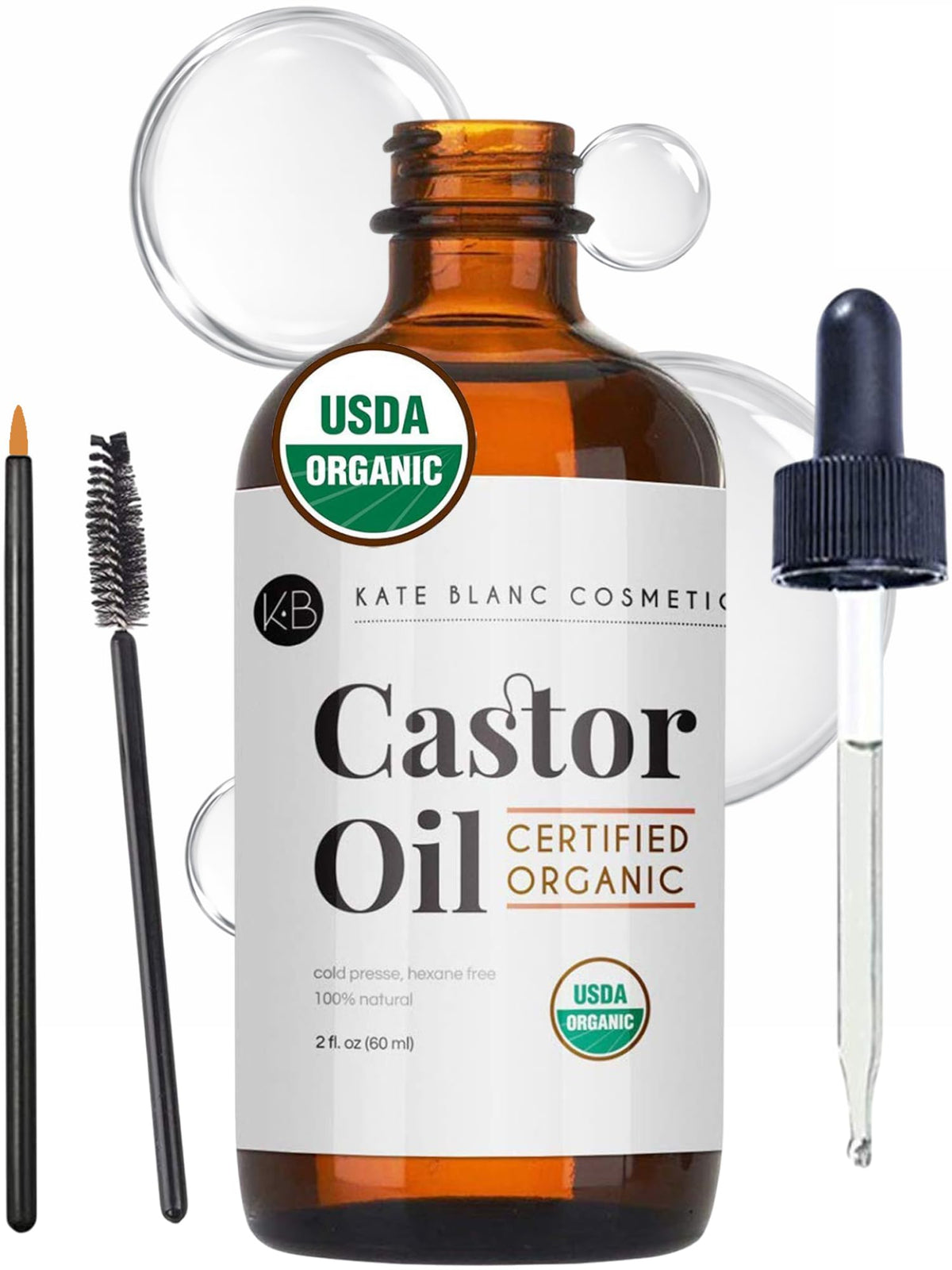 Kate Blanc Cosmetics front bottle showing organic castor oil benefits