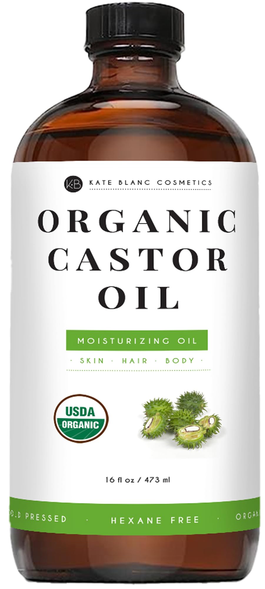 Kate Blanc Cosmetics front glass bottle showing 16oz organic castor oil, clear packaging preserves purity