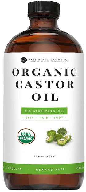 Kate Blanc Cosmetics front glass bottle showing 16oz organic castor oil, clear packaging preserves purity