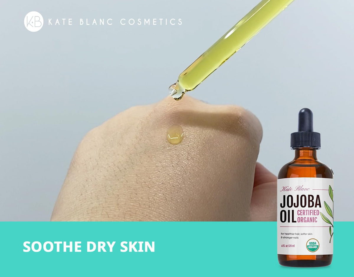 Close-up jojoba oil drop showing lightweight texture of Kate Blanc organic oil