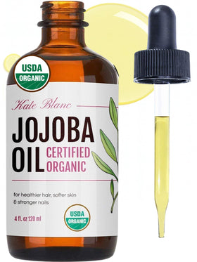 Kate Blanc Cosmetics front bottle showing organic jojoba oil for hair and skin benefits