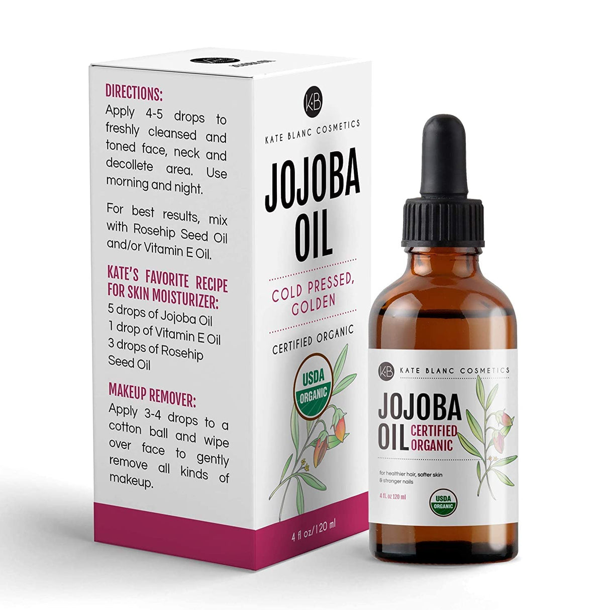 Amber-bottled Kate Blanc jojoba oil staged on bathroom shelf for daily routine appeal