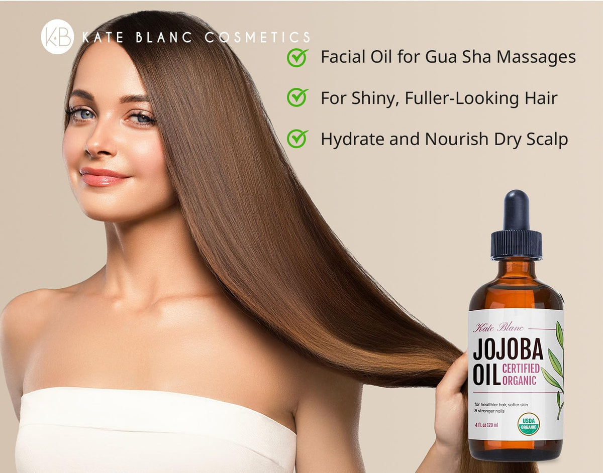 Pouring Kate Blanc jojoba oil on hand for fast-absorbing moisturizing benefit