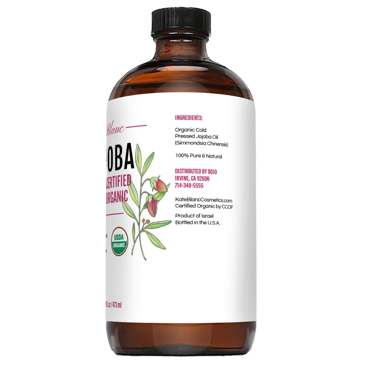 Kate Blanc Cosmetics 16oz bottle beside a hand displaying scale and value size