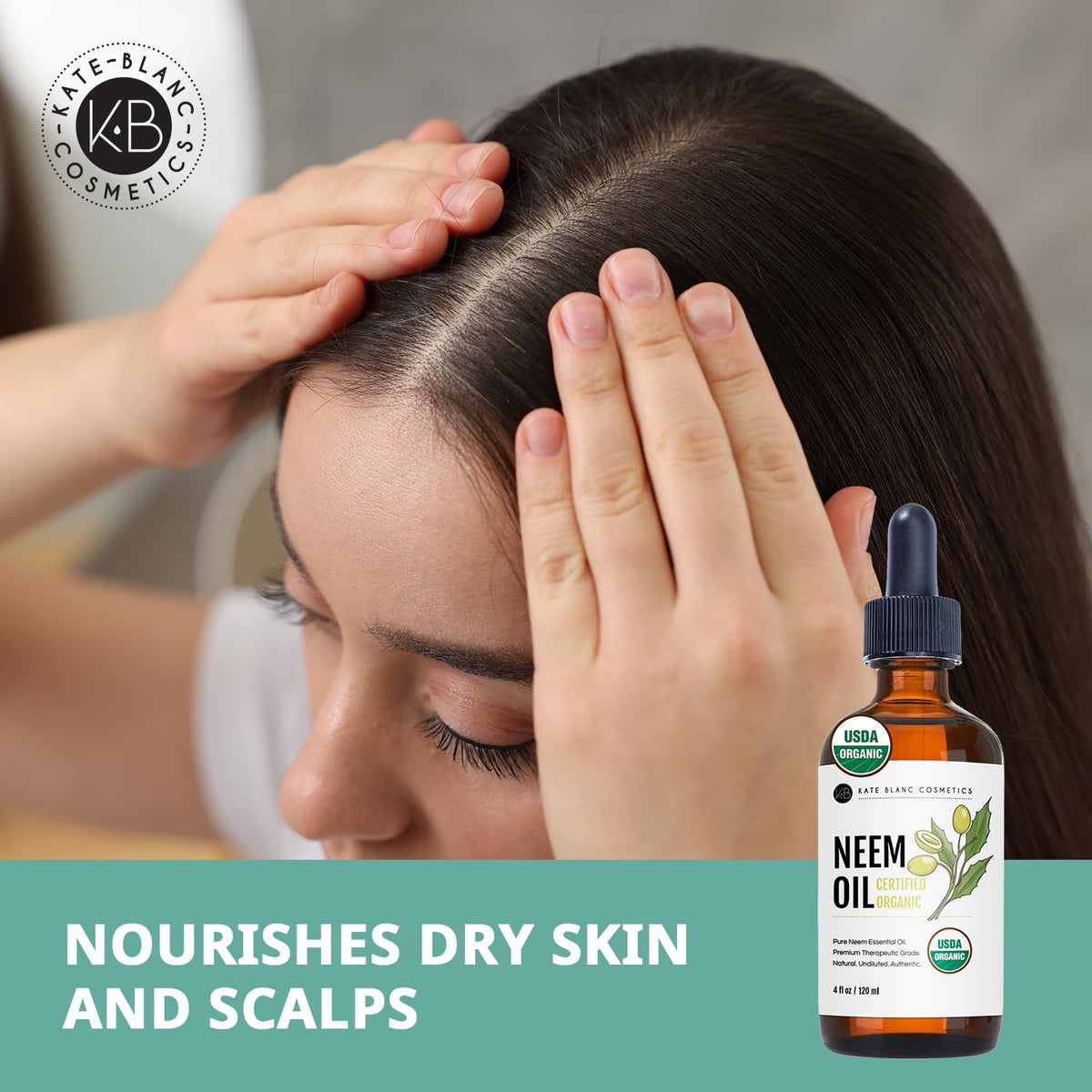 Kate Blanc neem oil on hands illustrating skin-nourishing hydration benefit