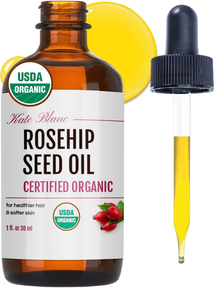 Kate Blanc rosehip oil front bottle showing clean design and nourishing benefits