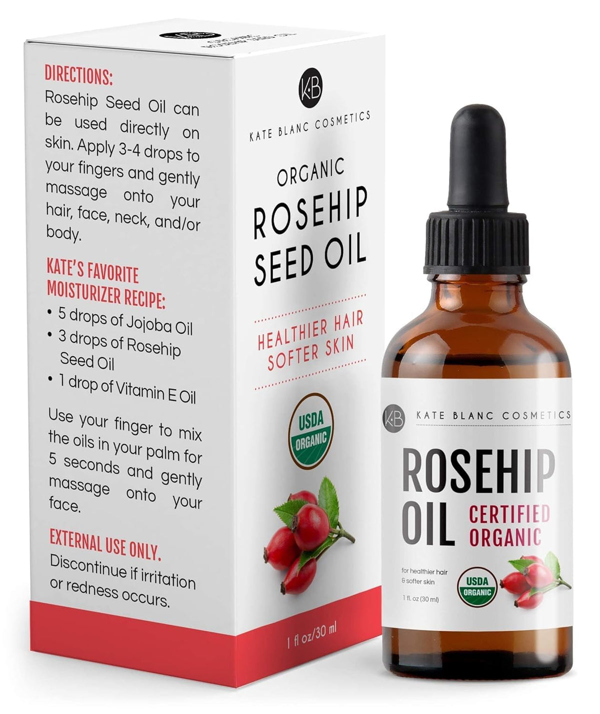 Kate Blanc rosehip oil on bathroom shelf in lifestyle routine setting