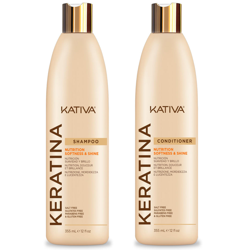 KATIVA keratin front pack showing bottles and glossy soft hair result